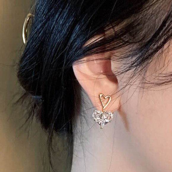 New 18k Gold Plated Sterling Silver White Sapphire Heart Drop Earrings - Picture 3 of 5